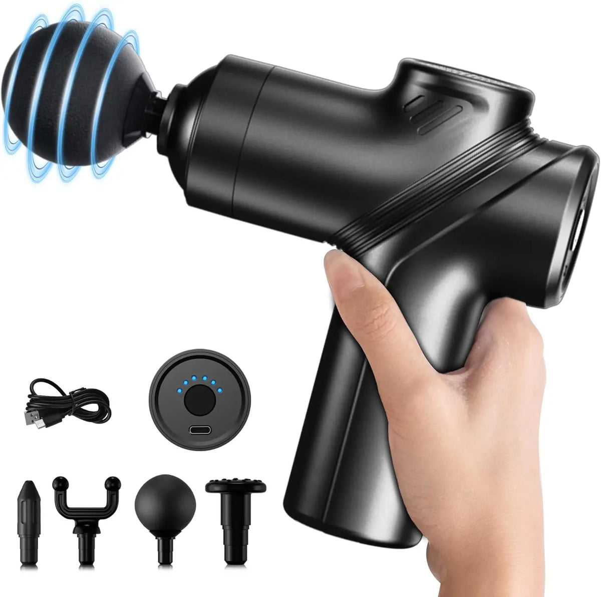 Woman using the LEERCON massage gun on her shoulder