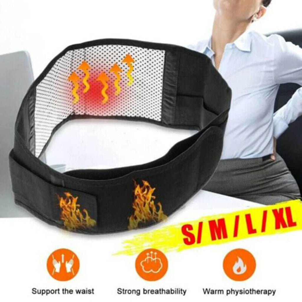 Man wearing self-heating lumbar back support belt over shirt