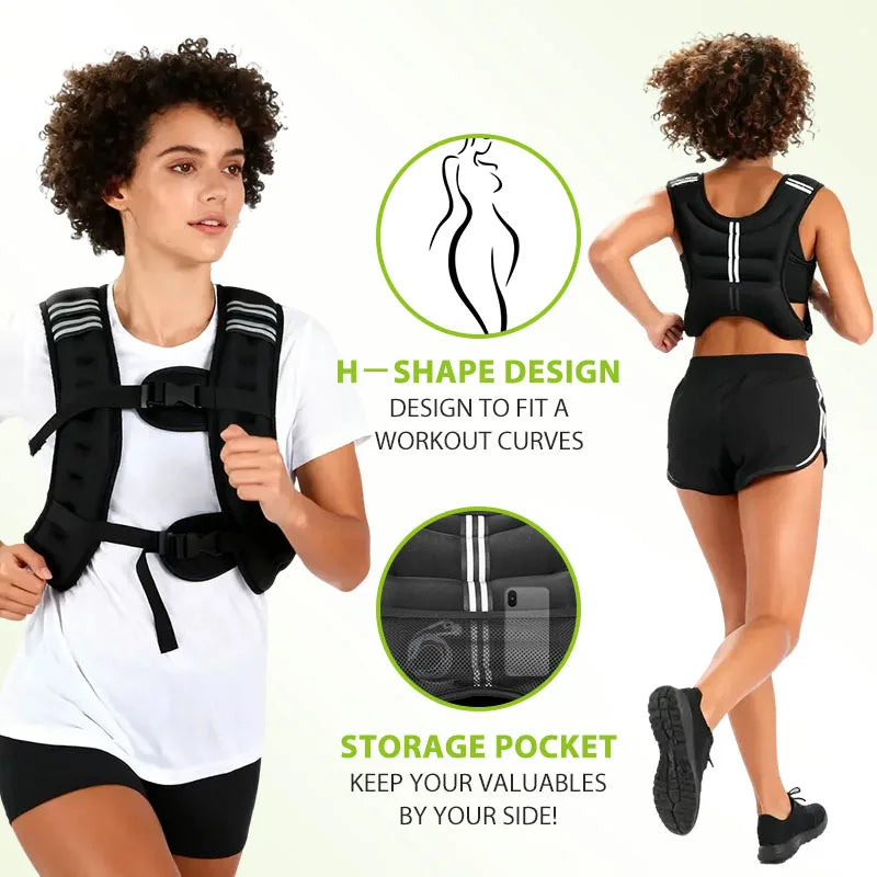 Woman wearing the weighted vest with storage pocket
