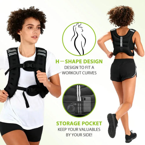 Woman wearing the weighted vest with storage pocket