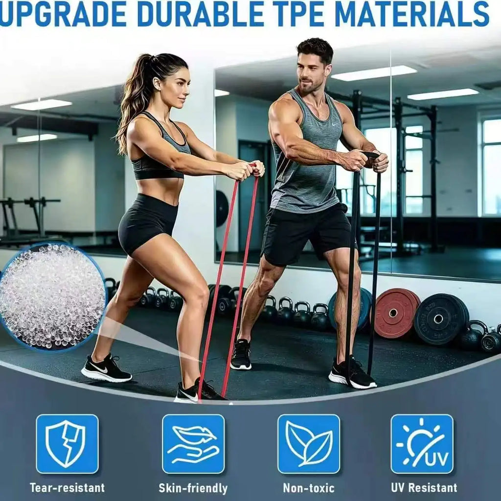 Resistance bands used in gym, school, home, outdoors, park, and office